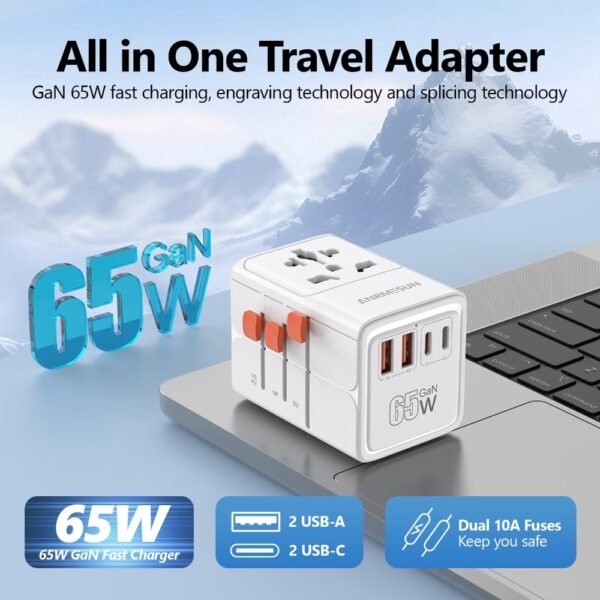TESSAN Universal Travel Adapter, 65W GaN International Plug Adaptor with 4 USB(2 USB C) Charging Ports, Worldwide Power Outlet for US to European EU UK AUS Ireland(Type C/G/A/I)