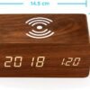 Alarm Clock with Qi Wireless Charging Pad Compatible with iPhone Samsung Wood LED Digital Clock Sound Control Function, Time Date, Temperature Display for Bedroom Office Home- Brown