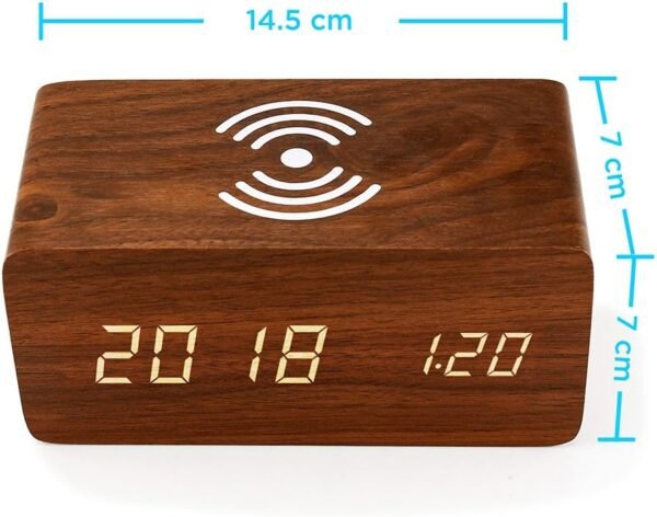 Alarm Clock with Qi Wireless Charging Pad Compatible with iPhone Samsung Wood LED Digital Clock Sound Control Function, Time Date, Temperature Display for Bedroom Office Home- Brown
