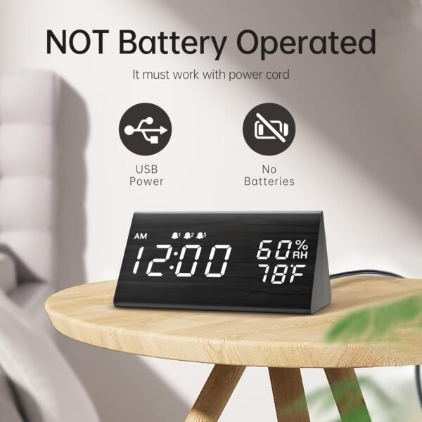 6 Digital Alarm Clock, with Wooden Electronic LED Time Display, 3 Alarm Settings, Humidity & Temperature Detect, Wood Made Electric Clocks for Bedroom, Bedside (Black)
