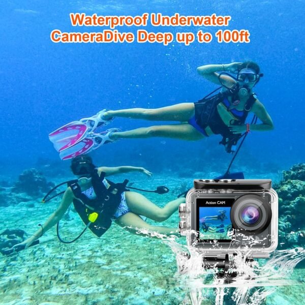 Action Camera 5K 30FPS 20MP Waterproof Camera 100FT Underwater EIS Sports Cam with Touch Screen, 170° Wide Angle, Remote Control, WiFi, 5X Zoom for Snorkeling, Diving, Cycling, and Vlogging