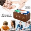 Alarm Clock with Qi Wireless Charging Pad Compatible with iPhone Samsung Wood LED Digital Clock Sound Control Function, Time Date, Temperature Display for Bedroom Office Home- Brown