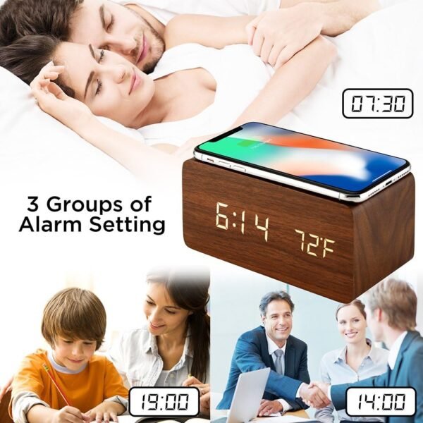 Alarm Clock with Qi Wireless Charging Pad Compatible with iPhone Samsung Wood LED Digital Clock Sound Control Function, Time Date, Temperature Display for Bedroom Office Home- Brown