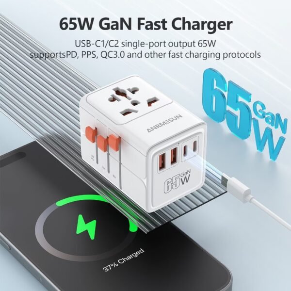 TESSAN Universal Travel Adapter, 65W GaN International Plug Adaptor with 4 USB(2 USB C) Charging Ports, Worldwide Power Outlet for US to European EU UK AUS Ireland(Type C/G/A/I)