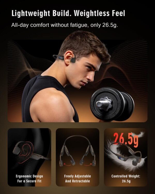 Bone Conduction Headphones, 14H Playtime Bluetooth 6.0 Open-Ear Earbuds with Mic, IPX5 Waterproof Lightweight Headset, Wireless Sport Earphones for Running, Cycling, Gym Workouts(Black