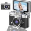 Digital Camera with Flip Screen, Retro Y2K Mini Keychain Camera, Compact Digital Camera with 180° Rotating Screen, Beauty Filter & Image Stabilization, Gift Camera (Brown)