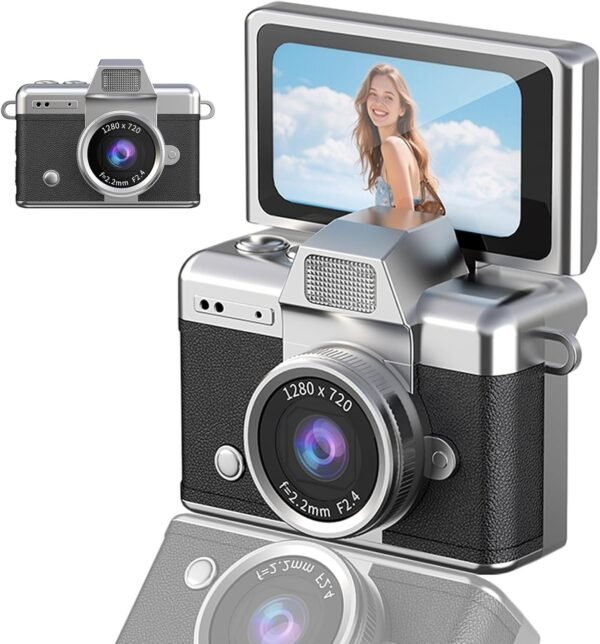 Digital Camera with Flip Screen, Retro Y2K Mini Keychain Camera, Compact Digital Camera with 180° Rotating Screen, Beauty Filter & Image Stabilization, Gift Camera (Brown)