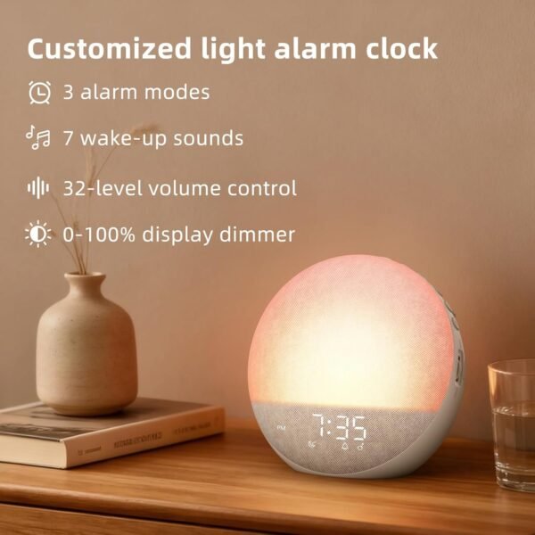 8 Sunrise Alarm Clock White Noise Machine: Natural Wake Up Light - Dimmable Clock with Bluetooth Speaker for Bedroom - 25 Sleep Sounds for Baby Adults Kids Putty