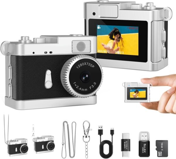Keychain Camera, 16GB Mini Digital Camera with Built-in Flash & Retro Filters, Pocket Mini Camera for Travel, Vlogging, Birthday Gift for Friends