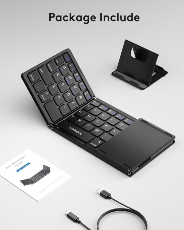 Samsers Foldable Bluetooth Keyboard with Touchpad - Portable Wireless Keyboard with Holder, Rechargeable Full Size Ultra Slim Pocket Folding Keyboards for Android Windows iOS Tablet & Laptop - Black