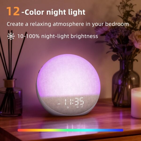 9 Sunrise Alarm Clock White Noise Machine: Natural Wake Up Light - Dimmable Clock with Bluetooth Speaker for Bedroom - 25 Sleep Sounds for Baby Adults Kids Putty