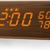 9 Digital Alarm Clock, with Wooden Electronic LED Time Display, 3 Alarm Settings, Humidity & Temperature Detect, Wood Made Electric Clocks for Bedroom, Bedside (Black)