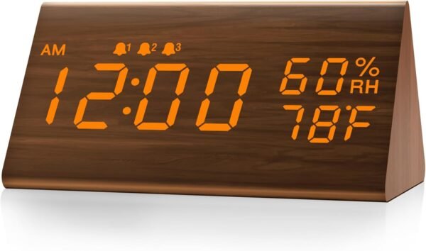 9 Digital Alarm Clock, with Wooden Electronic LED Time Display, 3 Alarm Settings, Humidity & Temperature Detect, Wood Made Electric Clocks for Bedroom, Bedside (Black)
