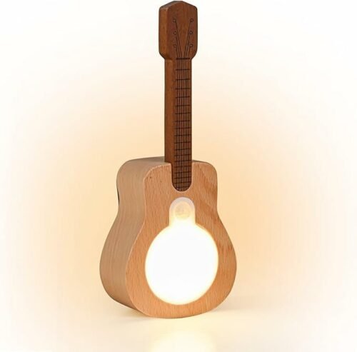 Rechargeable LED Guitar Night Light with Motion Sensor - Wooden Wall Sconce with 3 Light Modes & Built-in Music, Cordless Magnetic Mount, Unique Home Decor Gift