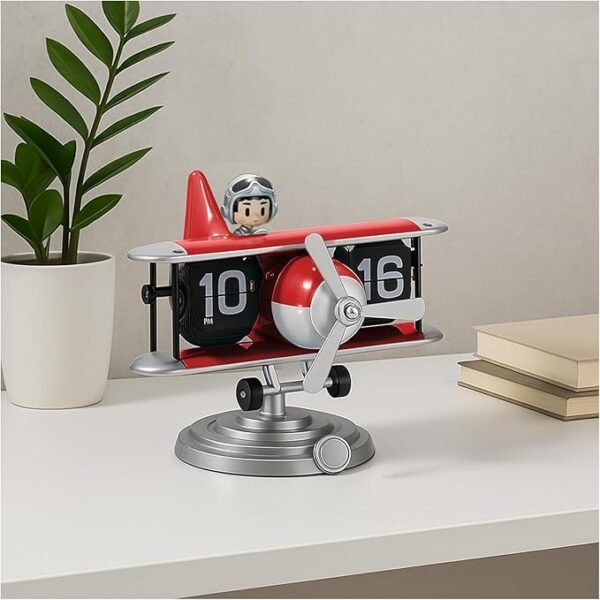 Airplane Flip Clock 12 Hours, Silent Retro Digital Desk Clock with Auto Flip Mechanism, Battery Powered Retro Flip Calendar for Home Office Bedroom Decor (Red)