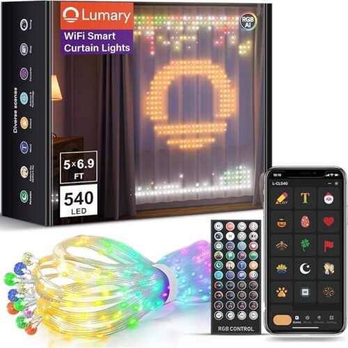 WiFi Smart Curtain Lights 6.9 x 5FT, 540 RGB LED Curtain Lights with APP & Remote Control, DIY Color Changing, Pattern GIF Display for Outdoor Indoor, Holiday Window Dynamic Decor