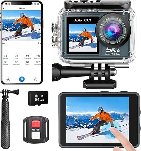 Action Camera 5K 30FPS 20MP Waterproof Camera 100FT Underwater EIS Sports Cam with Touch Screen, 170° Wide Angle, Remote Control, WiFi, 5X Zoom for Snorkeling, Diving, Cycling, and Vlogging