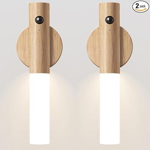 中图_1 Chilvane Motion Sensor Light Indoor Night Light Wall Sconce Wooden Rechargeable Portable Magnetic Battery Operated LED Night Light for Kids Bathroom Toliet Light Closet Bedroom,White Ash Wood Pack 2