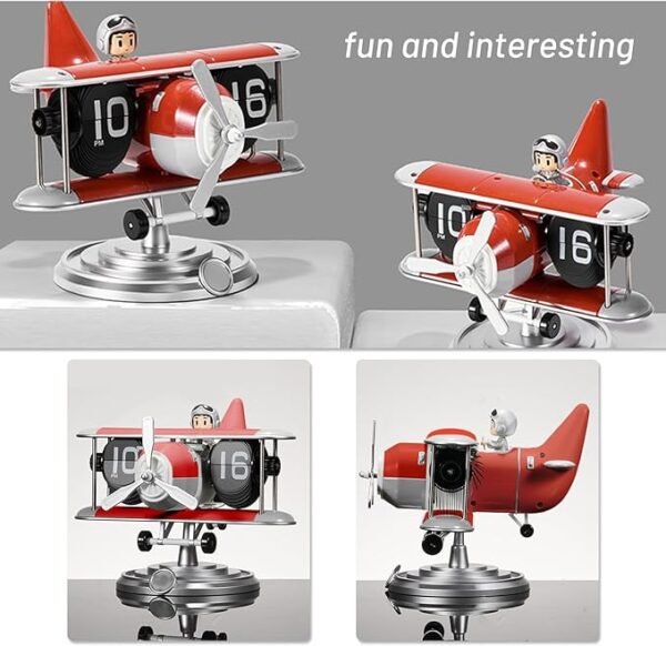 Airplane Flip Clock 12 Hours, Silent Retro Digital Desk Clock with Auto Flip Mechanism, Battery Powered Retro Flip Calendar for Home Office Bedroom Decor (Red)
