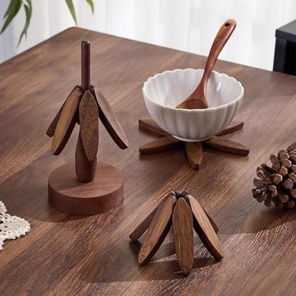 Wooden Placemats - Tree Washer Set, Wooden Pinwheel Coaster Set with Stand for Easy Storage - for Fondue pots, Pans, Bowls, teapots, Warming Trays - Versatile Decorations (B Walnut 4 pcs)