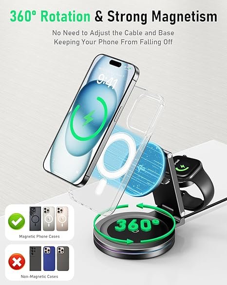 2026 Upgraded Qi2 Foldable 360º Rotatable Zinc Alloy 3 in 1 Magnetic Wireless Charging Station,3-in-1 Qi2 Charger for Apple iPhone 12~17,iWatch,AirPods(30W Adapter & Case Included)(Grey)