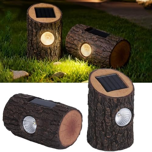 Solar Garden Lights Outdoor 2 Pack, Decorative Rustic Tree Stump Pathway Lights, Warm White Auto On/Off IP65 Waterproof Lights for Yard, Patio, Lawn, Flower Bed, Steps, Garden Decor Gifts