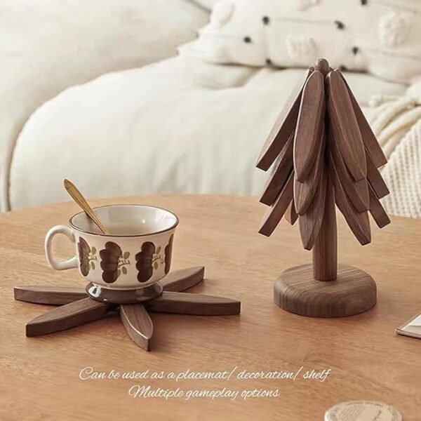 Wooden Placemats - Tree Washer Set, Wooden Pinwheel Coaster Set with Stand for Easy Storage - for Fondue pots, Pans, Bowls, teapots, Warming Trays - Versatile Decorations (B Walnut 4 pcs)