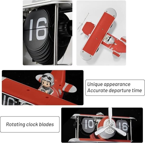 Airplane Flip Clock 12 Hours, Silent Retro Digital Desk Clock with Auto Flip Mechanism, Battery Powered Retro Flip Calendar for Home Office Bedroom Decor (Red)