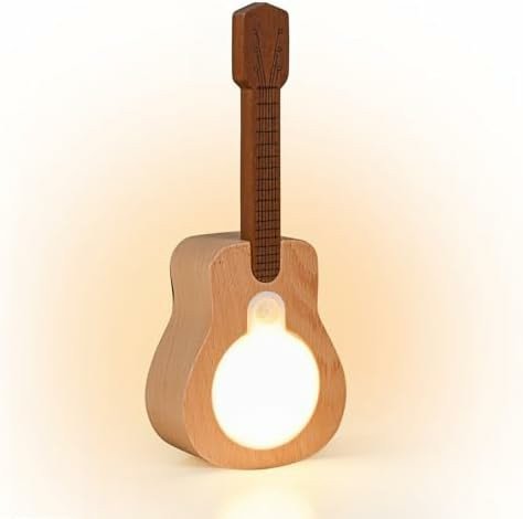 Rechargeable LED Guitar Night Light with Motion Sensor - Wooden Wall Sconce with 3 Light Modes & Built-in Music, Cordless Magnetic Mount, Unique Home Decor Gift