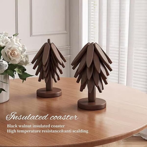 Wooden Placemats - Tree Washer Set, Wooden Pinwheel Coaster Set with Stand for Easy Storage - for Fondue pots, Pans, Bowls, teapots, Warming Trays - Versatile Decorations (B Walnut 4 pcs)