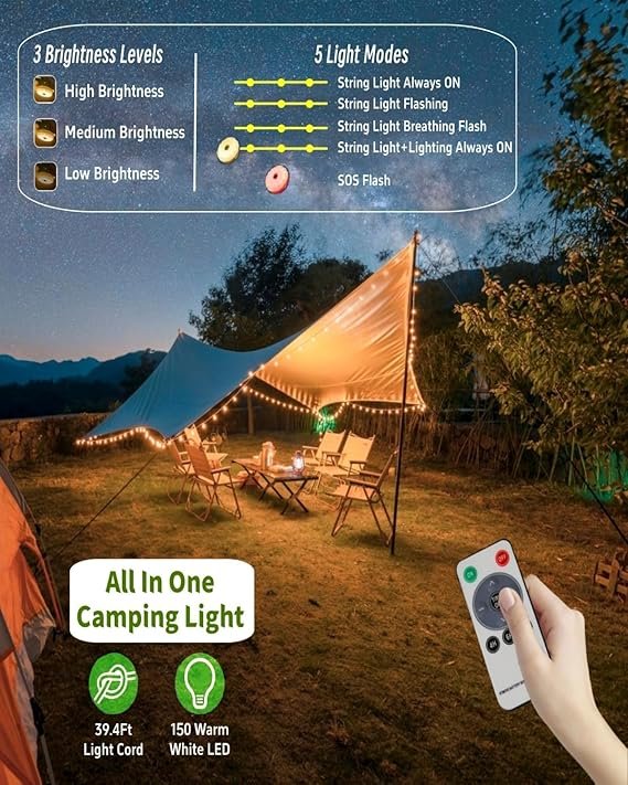 Solar Camping String Lights, 39.4 FT Fairy String Light, 4 in 1 Portable Waterpr