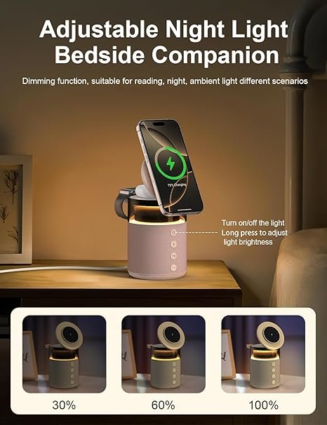 5-in-1 Wireless Charging Station with Bluetooth Speaker,Magnetic Charger with Night Light,Charger Stand with 33W Adapter Compatible with Apple Watch&iPhone 17 16 15 14 13 Pro Max&Wireless Earbuds Pink