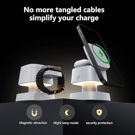 【2026 Upgraded】4 in 1 Wireless Charger, 3 in 1 Wireless Charging Station with Night Light for MagSafe Charger, 15W Magnetic Travel Stand for iPhone17/Air/Pro/Max/16/15/14/13/12, Apple iWatch, Airpods