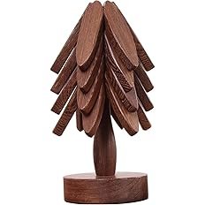 Wooden Placemats - Tree Washer Set, Wooden Pinwheel Coaster Set with Stand for Easy Storage - for Fondue pots, Pans, Bowls, teapots, Warming Trays - Versatile Decorations (B Walnut 4 pcs)