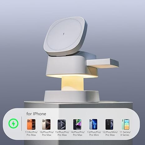 【2026 Upgraded】4 in 1 Wireless Charger, 3 in 1 Wireless Charging Station with Night Light for MagSafe Charger, 15W Magnetic Travel Stand for iPhone17/Air/Pro/Max/16/15/14/13/12, Apple iWatch, Airpods