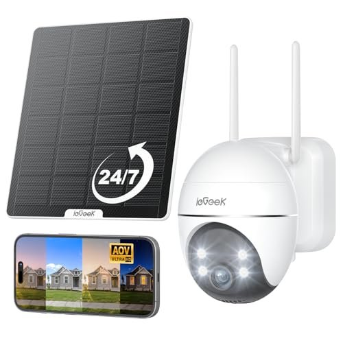 主图_1 ieGeek Solar Security Cameras Wireless Outdoor, WiFi Surveillance Camera with Solar Panel & 9000mAh Battery, 24/7 Recording, 360° Panoramic View, Auto Tracking, 2K Color Night Vision, No Subscription