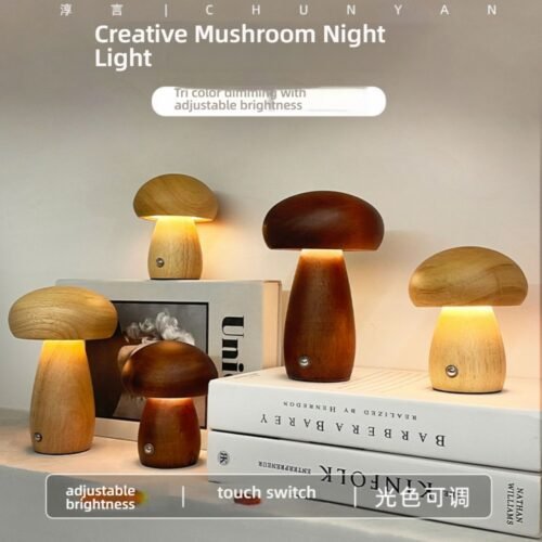 solid wood Pack Wooden Mushroom Lamp, Portable Cordless Touch Switch Small Rech