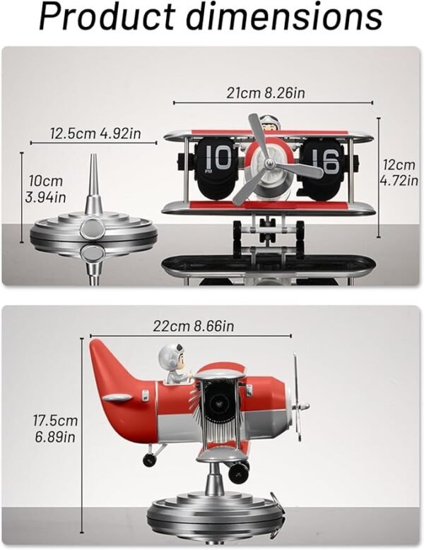 Airplane Flip Clock 12 Hours, Silent Retro Digital Desk Clock with Auto Flip Mechanism, Battery Powered Retro Flip Calendar for Home Office Bedroom Decor (Red)