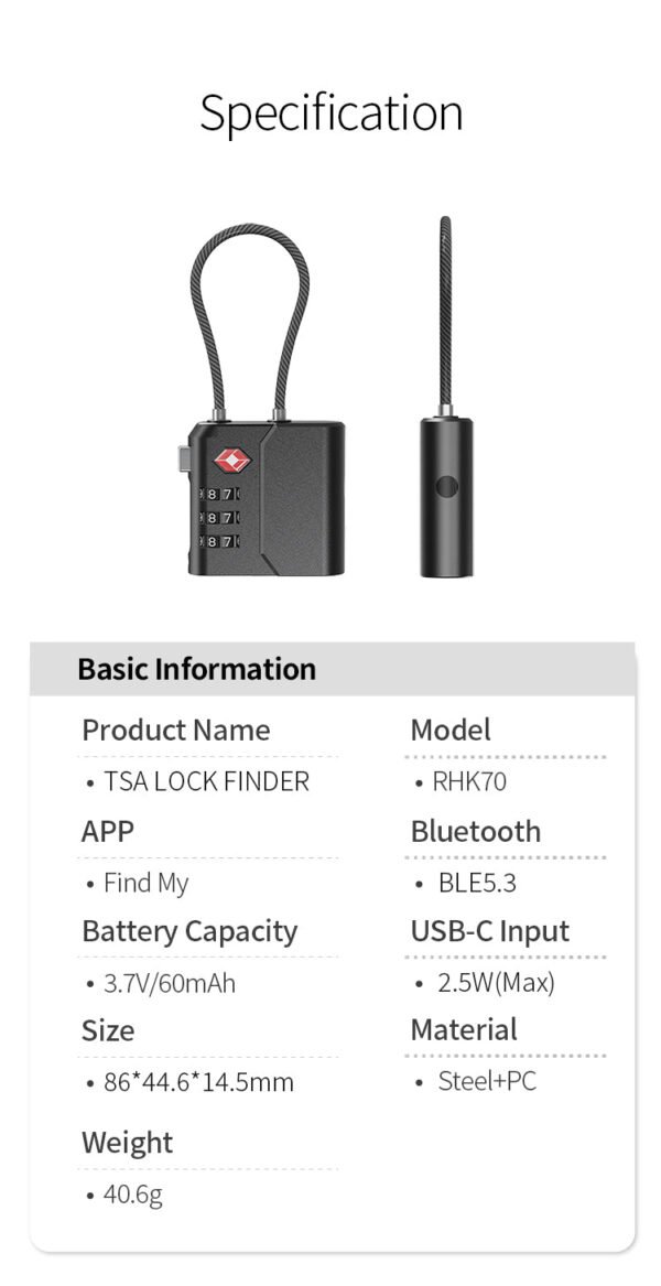 Location Finder, Tracking Luggage Locks TSA Approved Compatible with Apple Find My App, Bluetooth Tracker with USB-C Rechargeable Battery, Heavy-Duty Zinc Alloy & Steel Cable