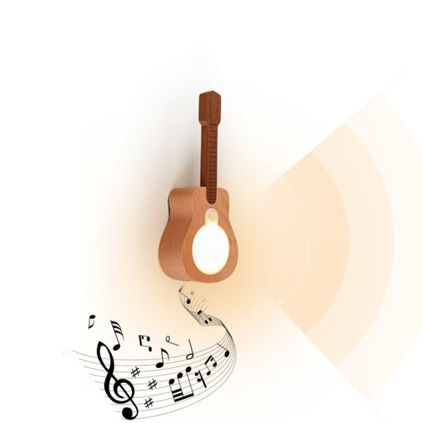 Rechargeable LED Guitar Night Light with Motion Sensor - Wooden Wall Sconce with 3 Light Modes & Built-in Music, Cordless Magnetic Mount, Unique Home Decor Gift