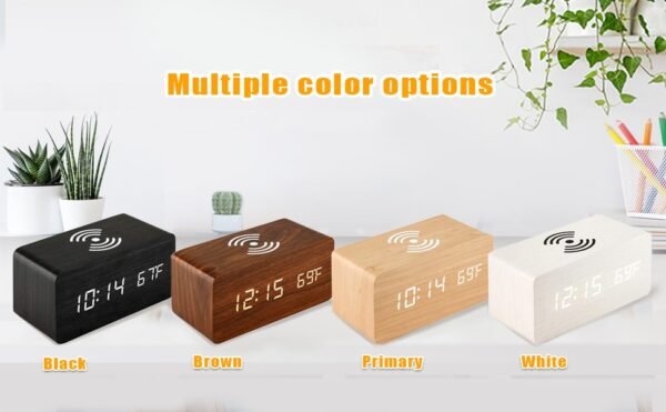 Alarm Clock with Qi Wireless Charging Pad Compatible with iPhone Samsung Wood LED Digital Clock Sound Control Function, Time Date, Temperature Display for Bedroom Office Home- Brown