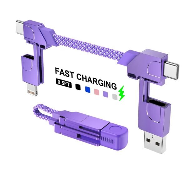 4-in-1 0.6FT Ultra Short USB C Cable Compatible with Lightning Cable [Fast Charging&Data Transfer] Flat Braided for iPhone iPad Charger Cord, Portable Multi Charger Cord Combo for Power Bank