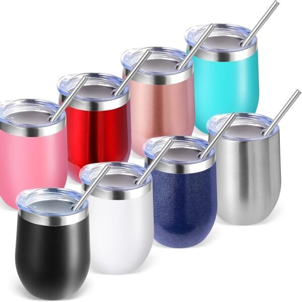 12oz/4 Pack Wine Tumbler Glasses with Lid Stemless Double Wall Vacuum Stainless Steel Travel Tumbler Keeping Cold & Hot for Wine,Coffee,Cocktails,Drinks-Family and Gifts (Multi color-dark)