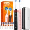Bitvae Rotating Electric Toothbrush 2 Packs for Adults with Pressure Sensor, Gifts for MenWomen, 5 Modes Rechargeable Power Toothbrush with 8 Brush Heads, Black & Pink, R2
