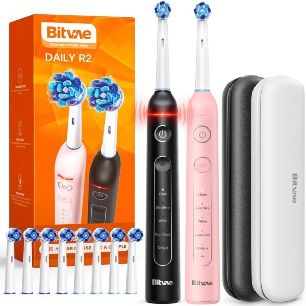Bitvae Rotating Electric Toothbrush 2 Packs for Adults with Pressure Sensor, Gifts for MenWomen, 5 Modes Rechargeable Power Toothbrush with 8 Brush Heads, Black & Pink, R2