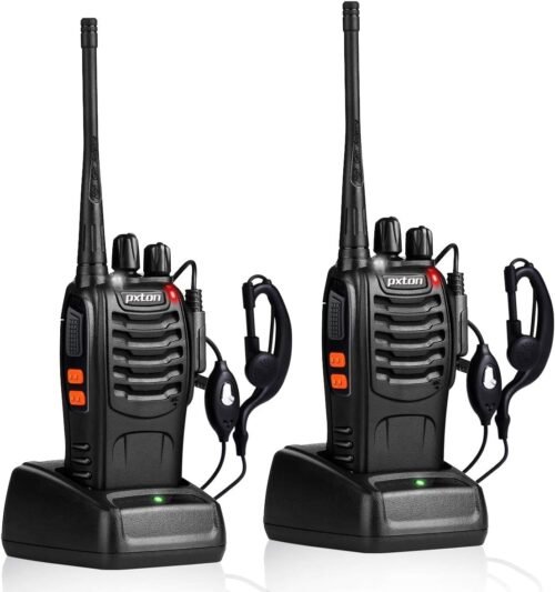 1 pxton Walkie Talkies Rechargeable Long Range Two-Way Radios with Earpieces,2-Way Radios UHF Handheld Transceiver Walky Talky with Flashlight Li-ion Battery and Charger(2 Pack)