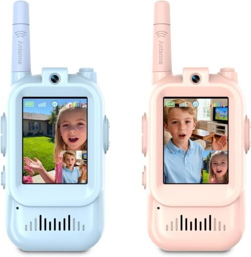 1 Video Walkie Talkies for Kids, 2 Pack Rechargeable Kids Walkie Talkies, Screen Display and Voice Changer, Indoor Outdoor for Boys and Girls, Age 3-12 (Blue & Pink)