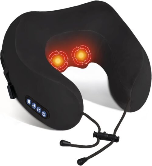1 Electric Neck Massager,Portable Heated Kneading Massage Cushion Pillow,Rechargeable Shoulder Neck U-Shaped Massage Shiatsu,for Pain Relief at Home,Car,Office,Travel(Black)