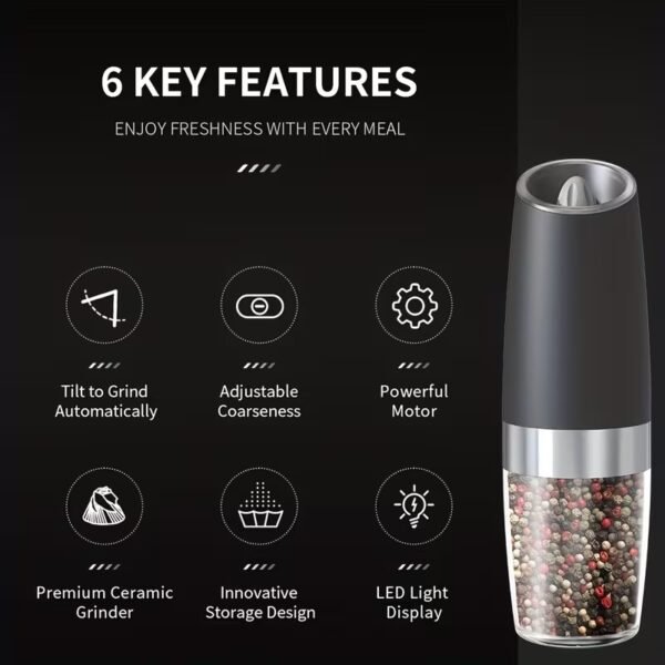 Battery Operated Salt And Pepper Grinder Set with LED Light, Automatic Electric Gravity Salt And Pepper Shakers Set, Each 6 AAA Batteries Needed, Adjustable Roughness, 2 Pack (Black)