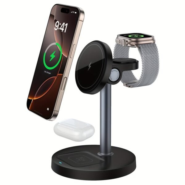 XDS3: 3-in-1 Wireless Charging Stand – Charging Station for iPhone, Apple Watch, and AirPods – MagSafe Compatible, Qi2 Certified – Includes  USB-C Wall Charger and 6.5-Foot USB-C Cable